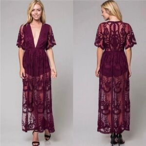 Honey Punch Red Flutter Sleeve Plunge Maxi Gown